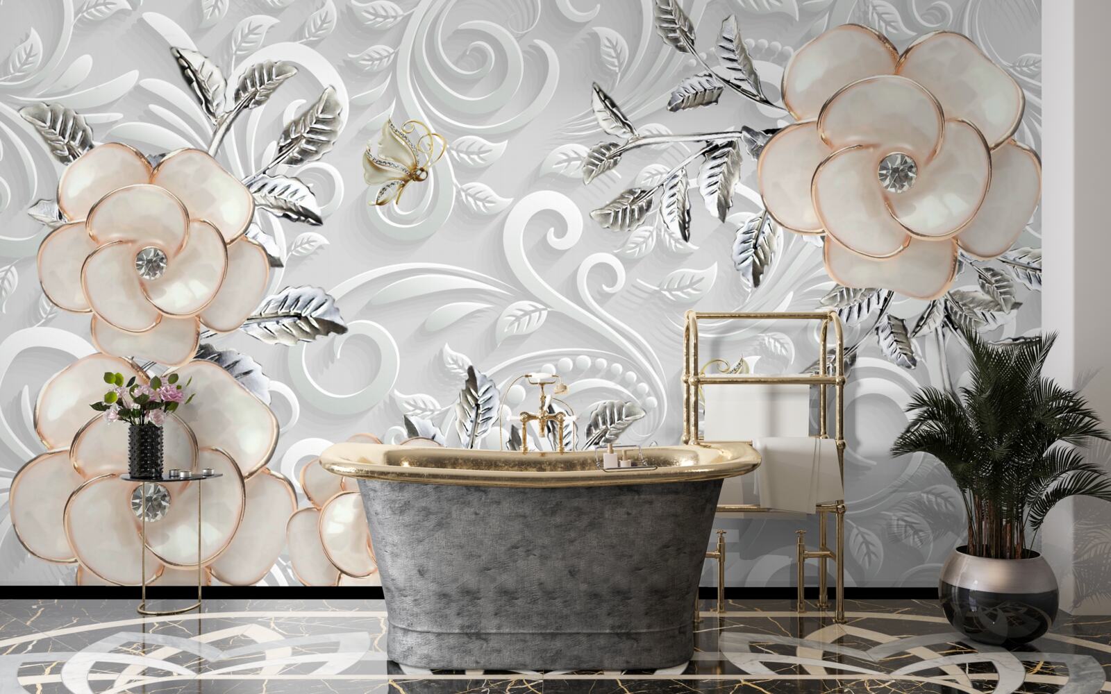 Papier peint roses crème