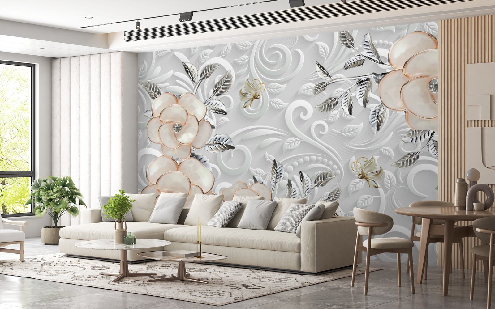 Papier peint roses crème