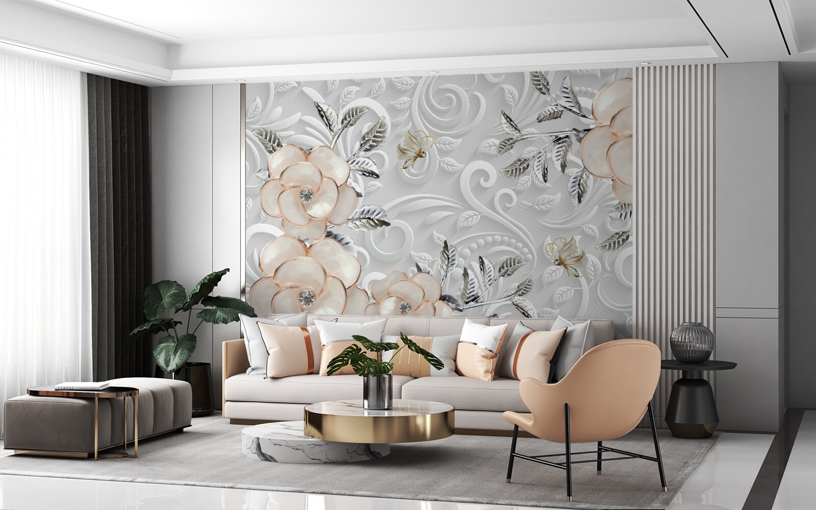 Papier peint roses crème