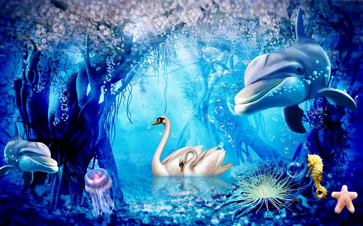 Papier peint Cygnes et dauphins sous l'eau