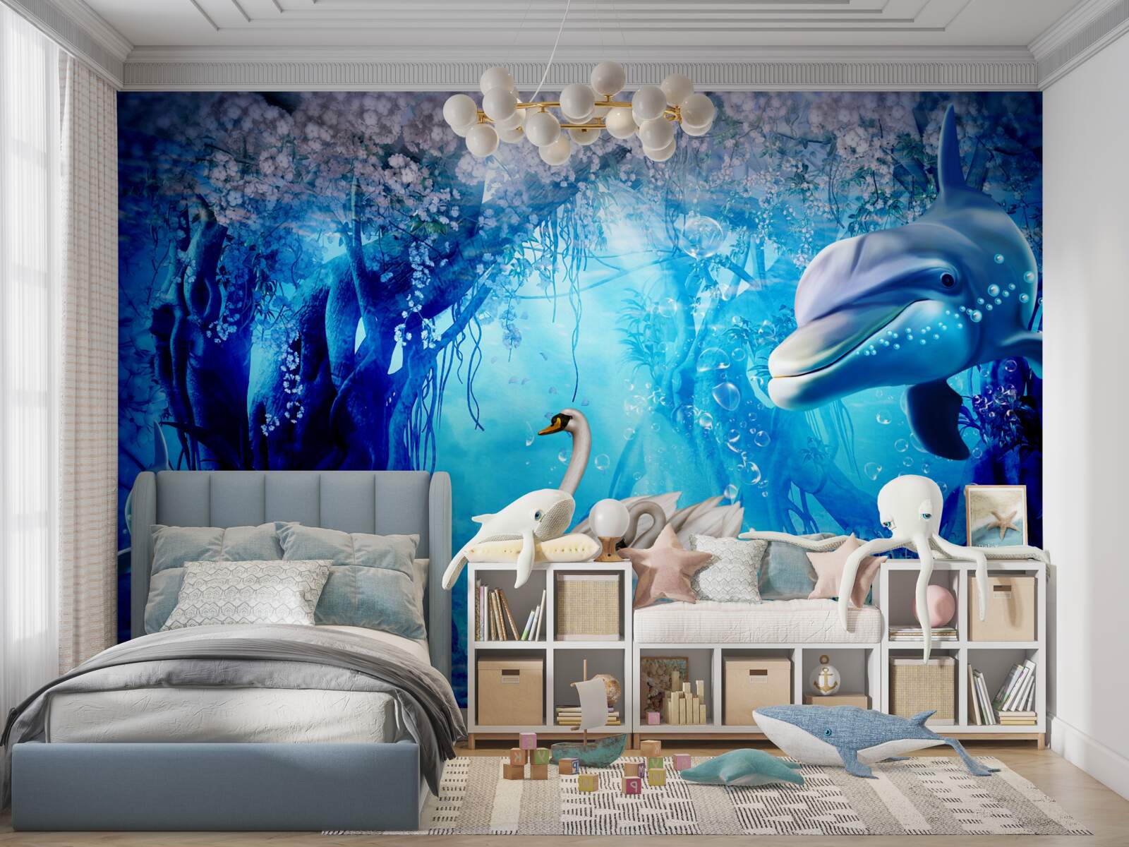 Papier peint Cygnes et dauphins sous l'eau