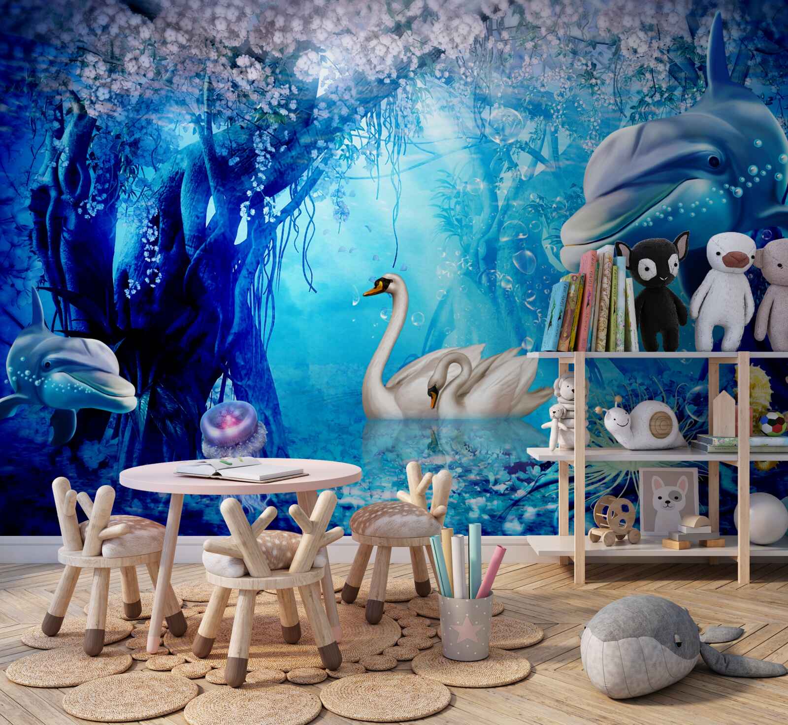 Papier peint Cygnes et dauphins sous l'eau