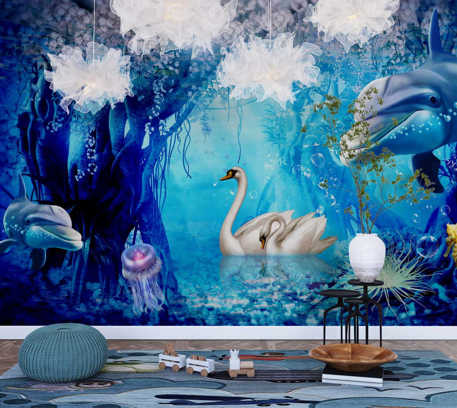 Papier peint Cygnes et dauphins sous l'eau