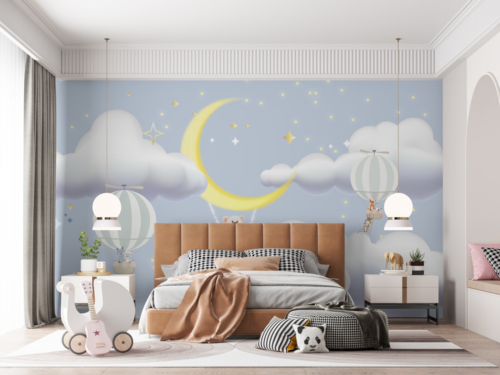 Papier peint l'ours est sur la lune et les animaux dans des ballons d'air