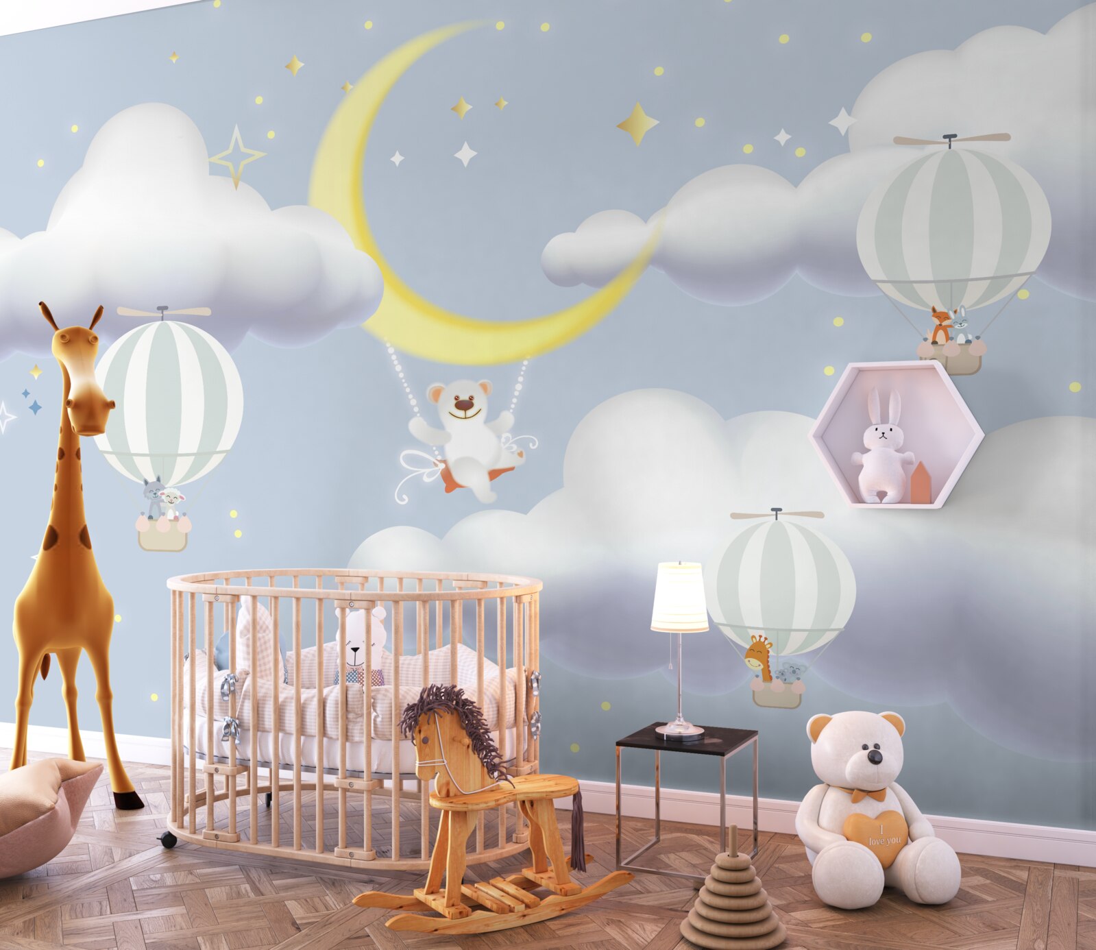 Papier peint l'ours est sur la lune et les animaux dans des ballons d'air