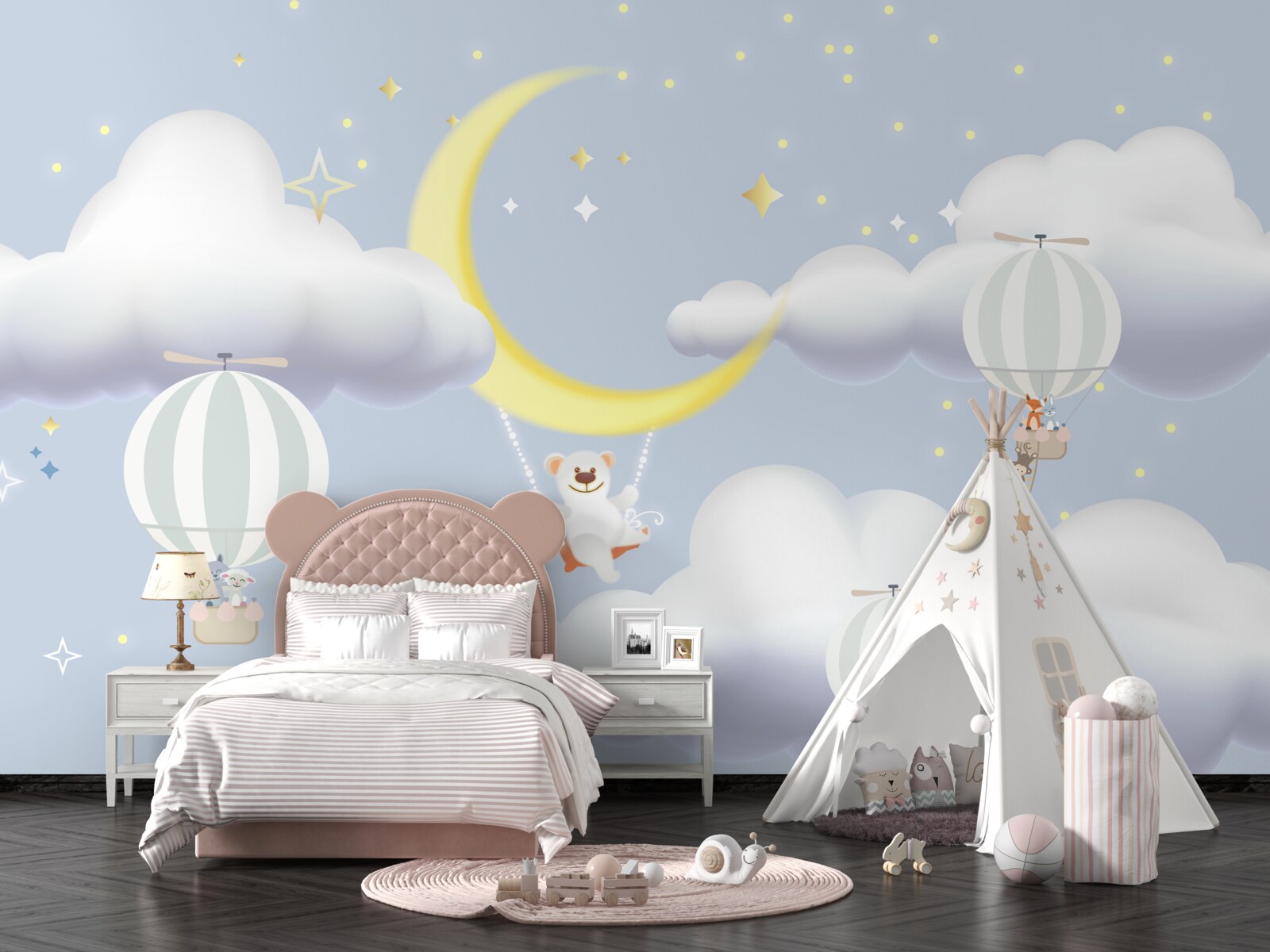 Papier peint l'ours est sur la lune et les animaux dans des ballons d'air