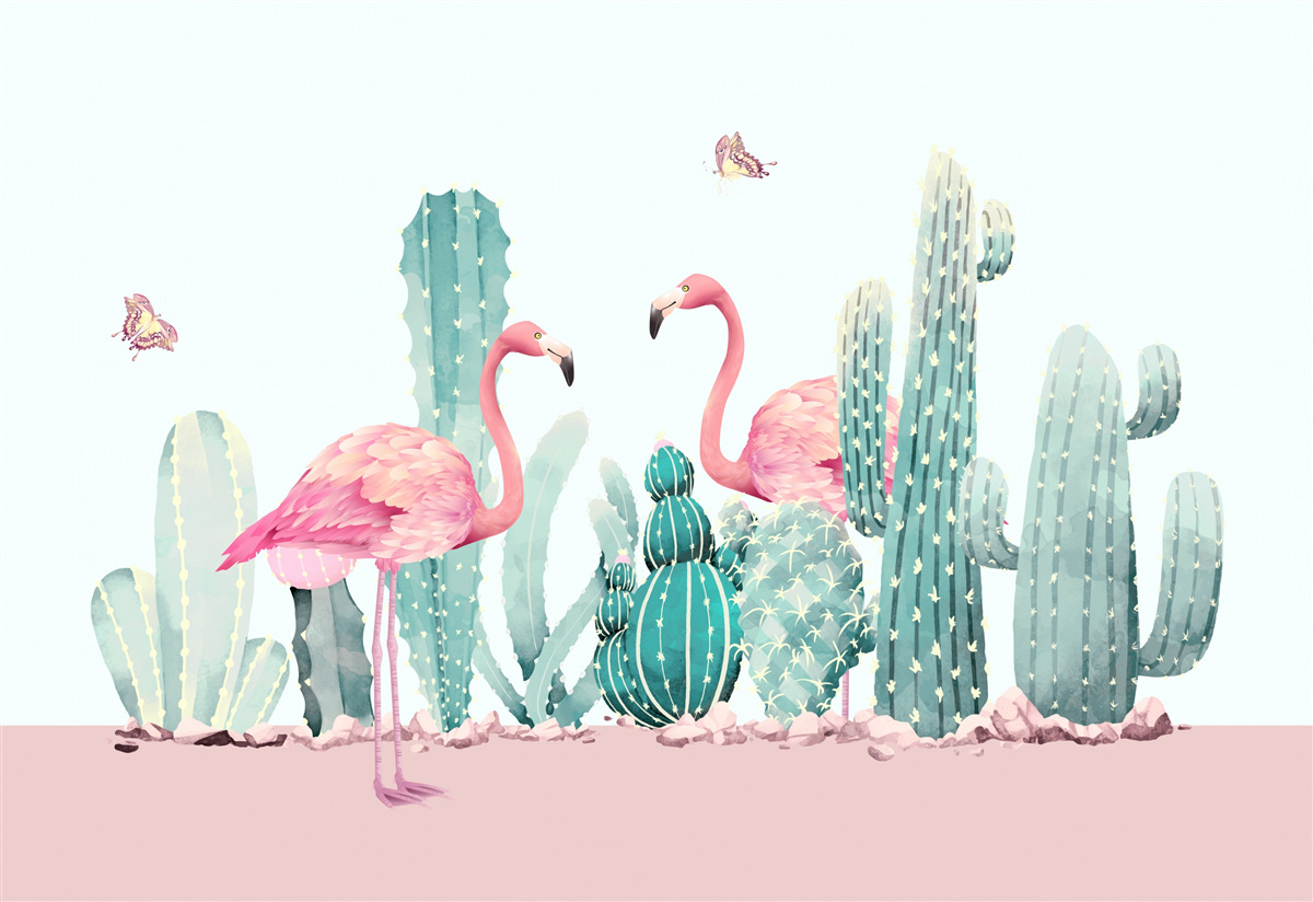 Papier peint flamants roses parmi les cactus
