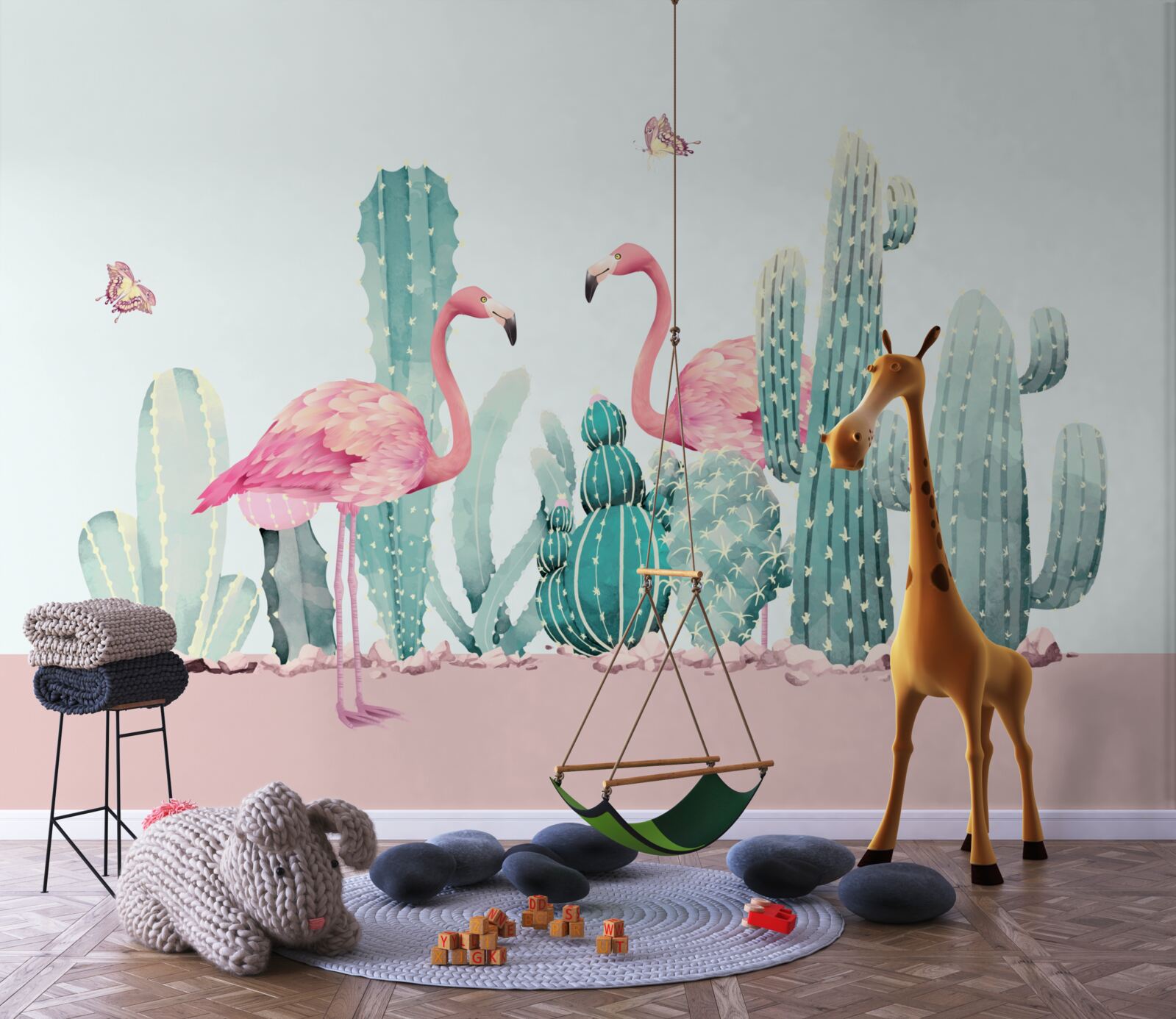 Papier peint flamants roses parmi les cactus