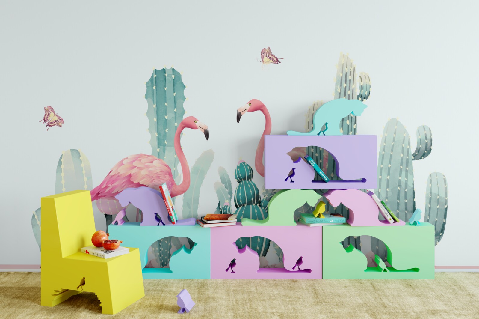 Papier peint flamants roses parmi les cactus