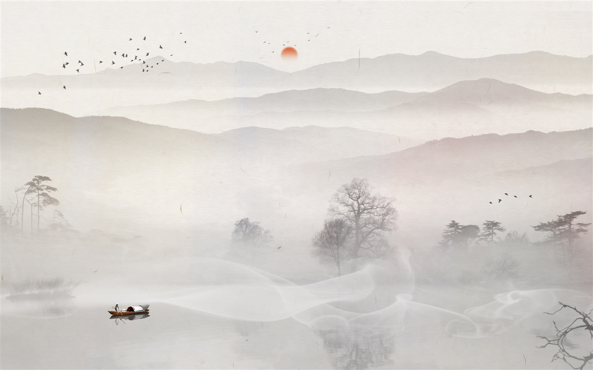 Papier peint l'aube et un homme seul dans un bateau