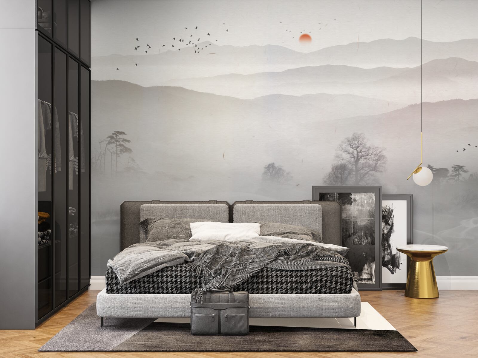 Papier peint l'aube et un homme seul dans un bateau