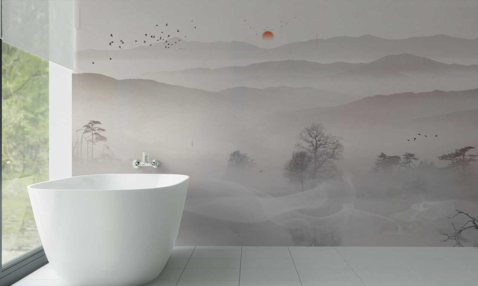 Papier peint l'aube et un homme seul dans un bateau