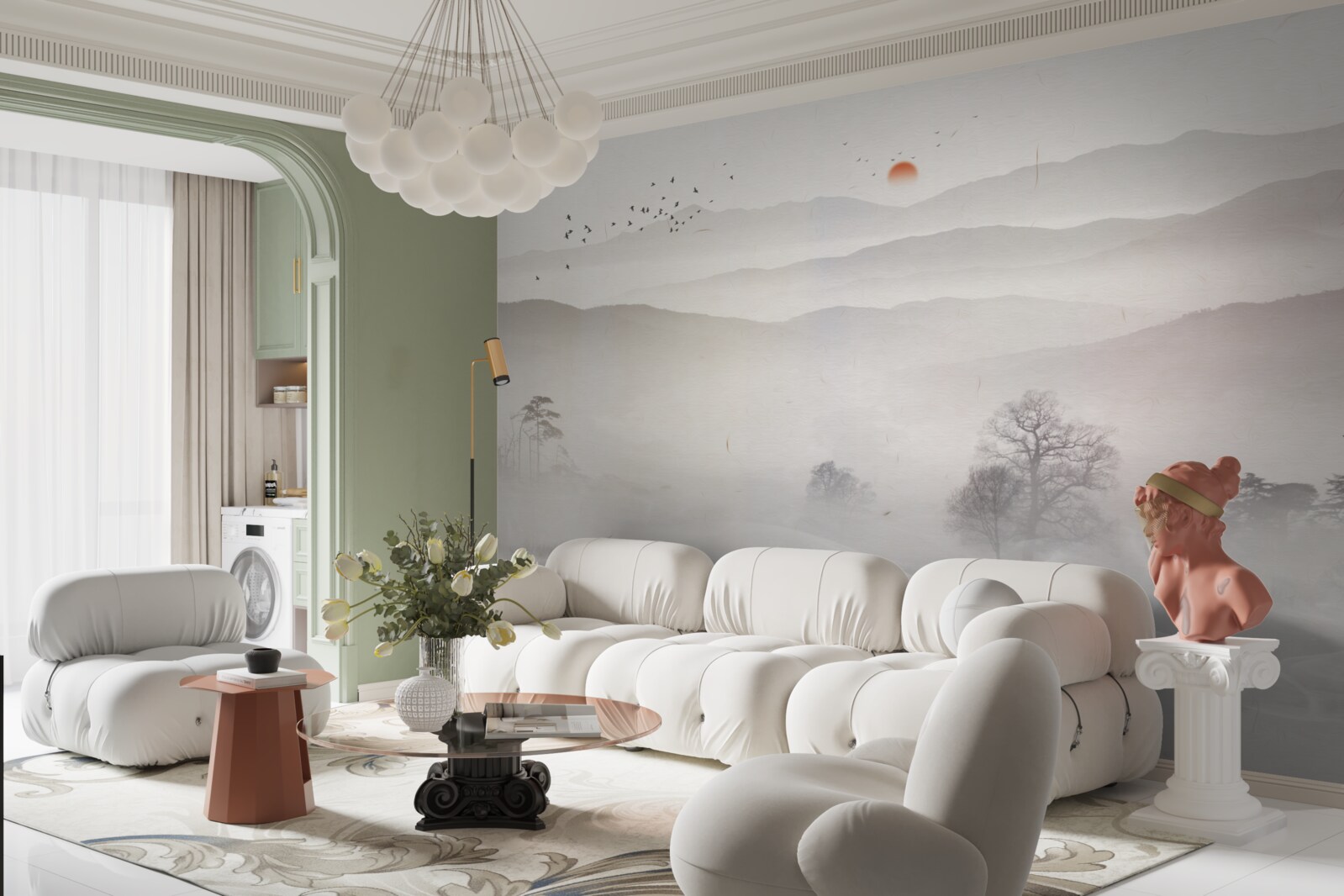 Papier peint l'aube et un homme seul dans un bateau