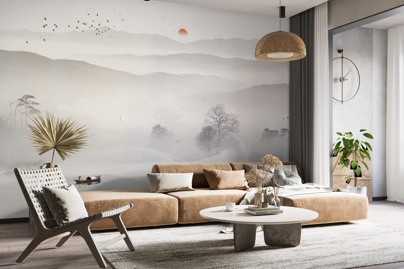 Papier peint l'aube et un homme seul dans un bateau