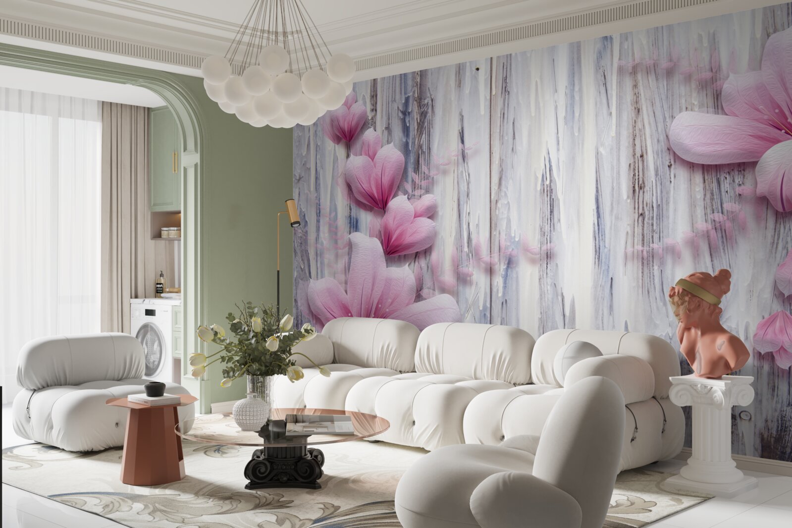 Papier peint fleurs roses sur le mur dans différentes nuances