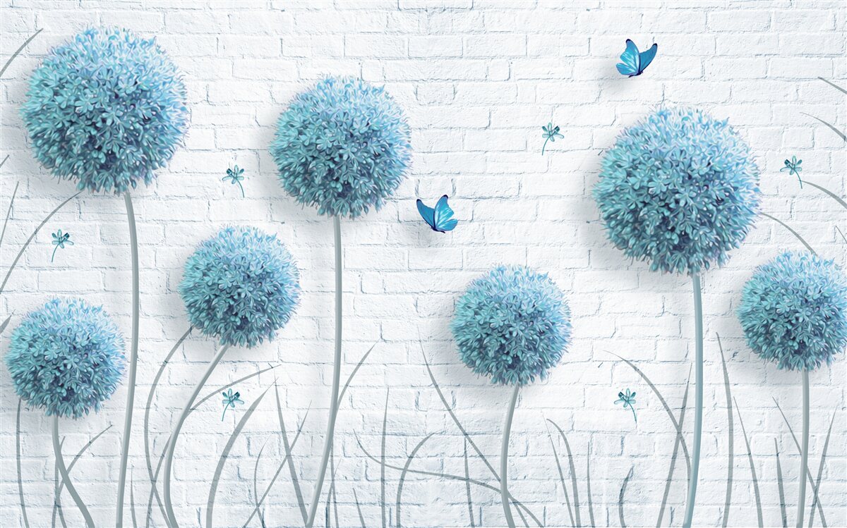 Papier peint fleurs rondes bleues sur un mur blanc