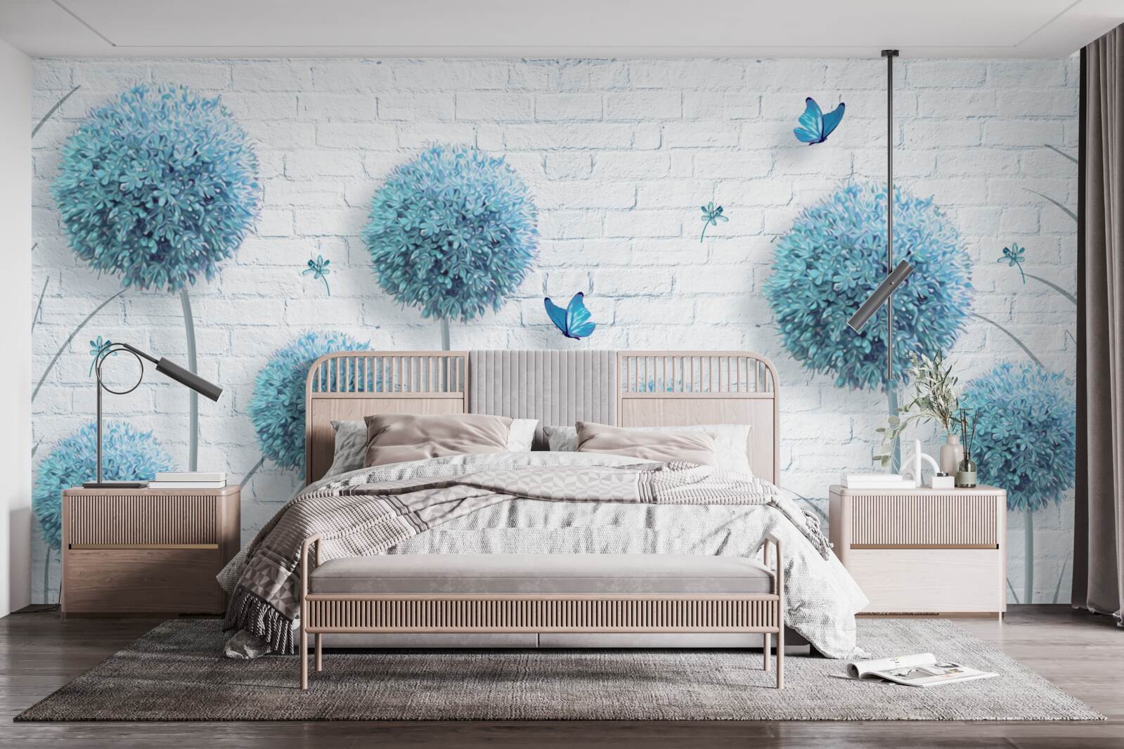 Papier peint fleurs rondes bleues sur un mur blanc