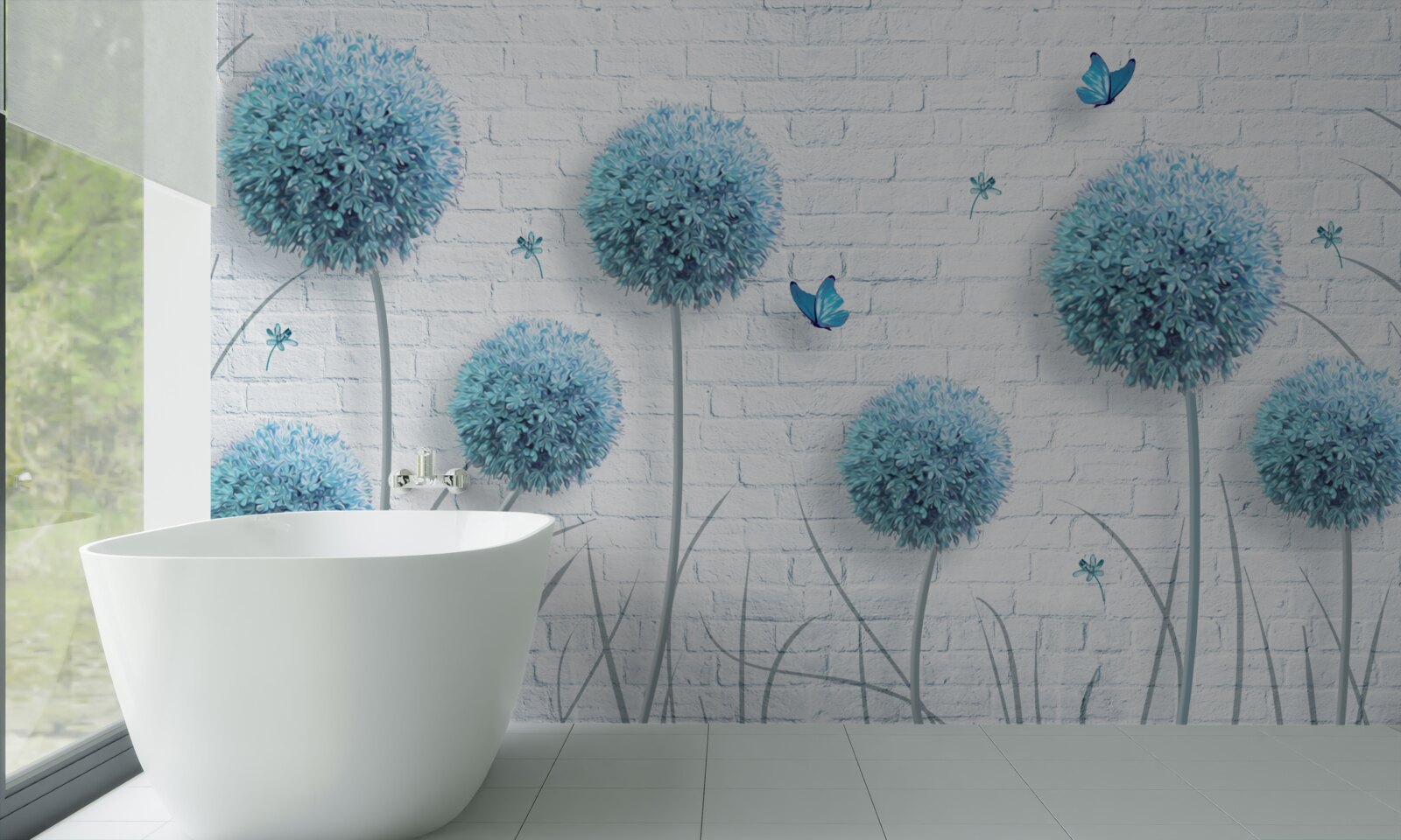 Papier peint fleurs rondes bleues sur un mur blanc