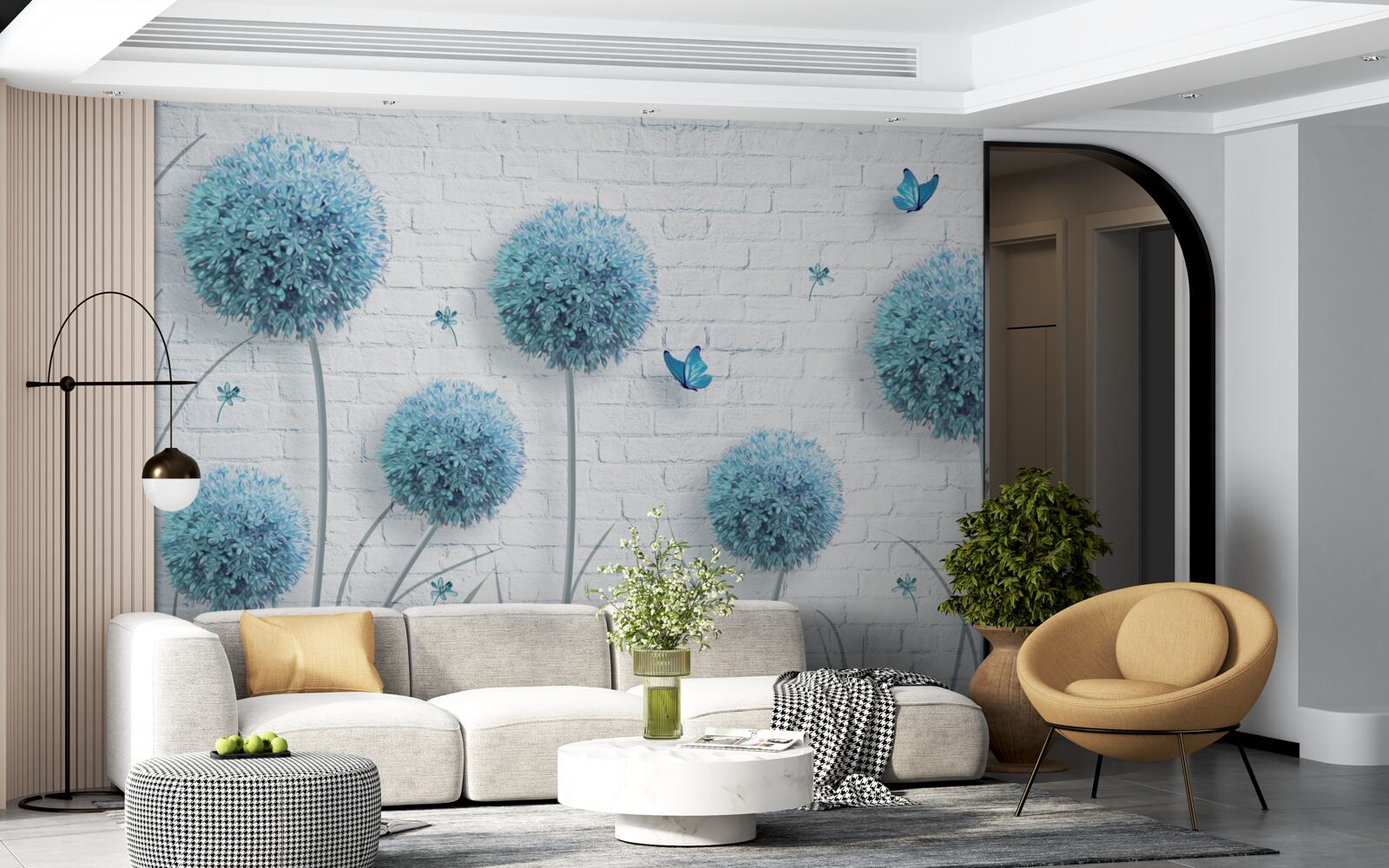 Papier peint fleurs rondes bleues sur un mur blanc