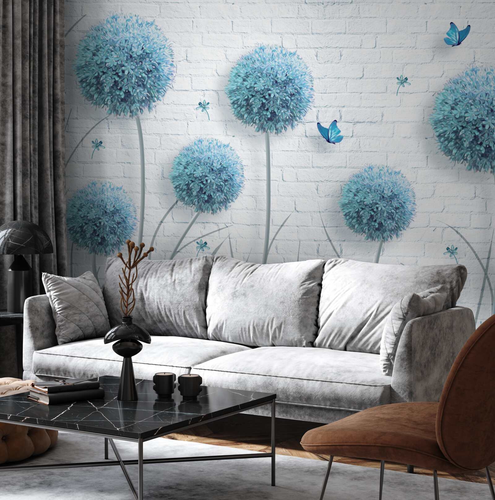 Papier peint fleurs rondes bleues sur un mur blanc