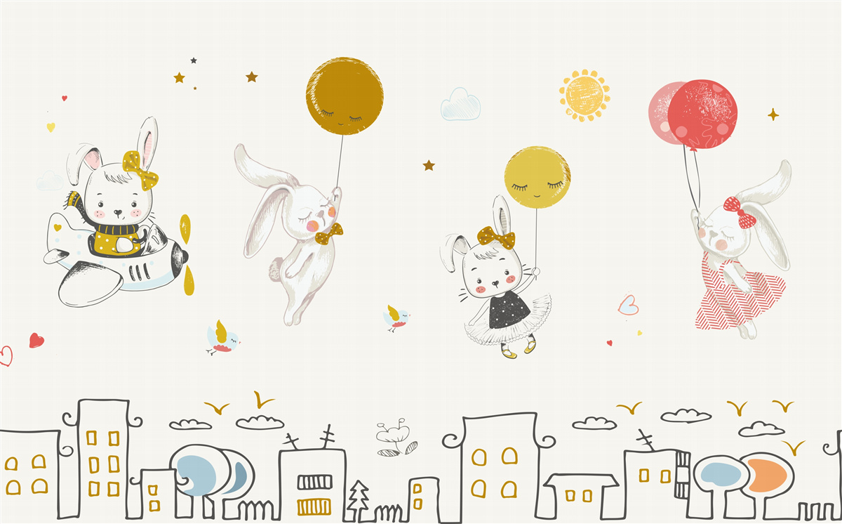 Papier peint des lapins qui tournent au-dessus des maisons