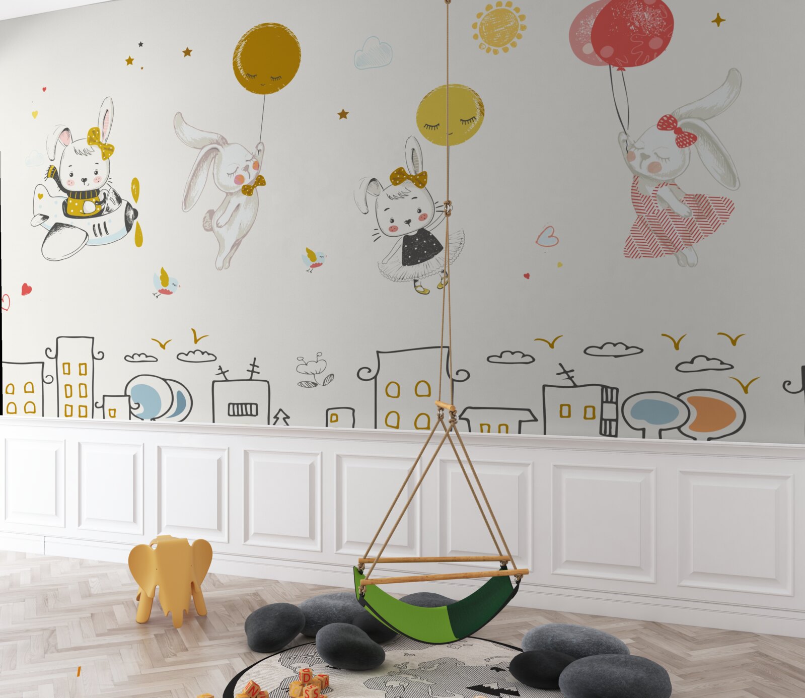 Papier peint des lapins qui tournent au-dessus des maisons