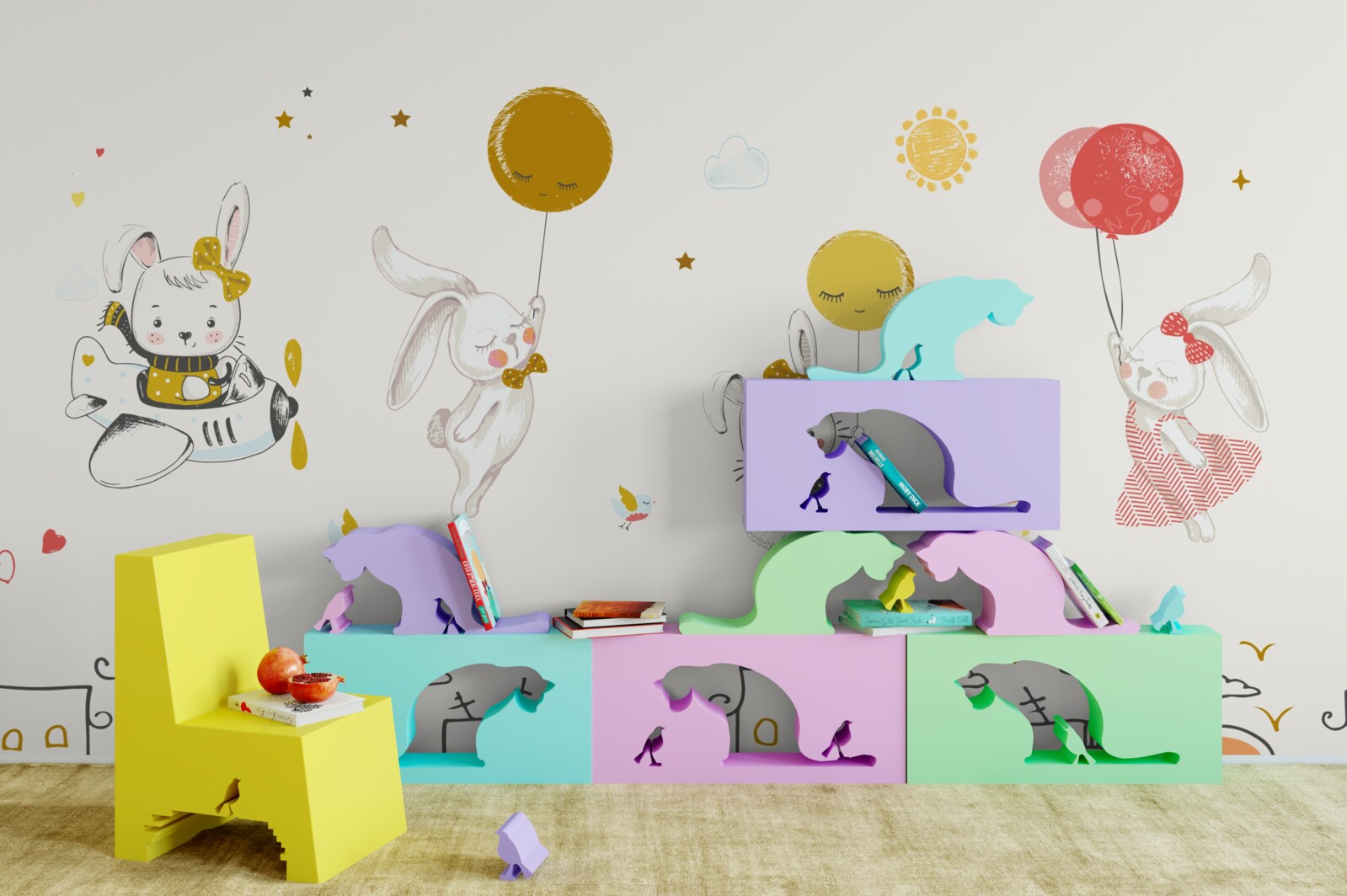 Papier peint des lapins qui tournent au-dessus des maisons