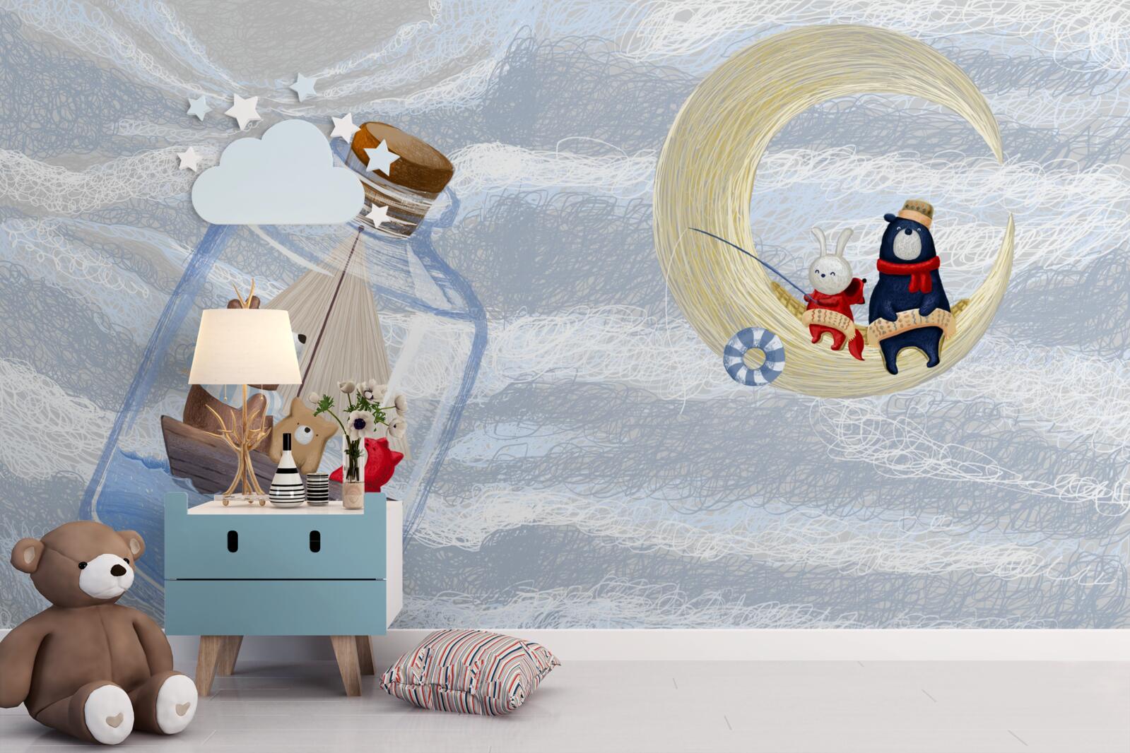 Papier peint animaux de la lune et de la bouteille