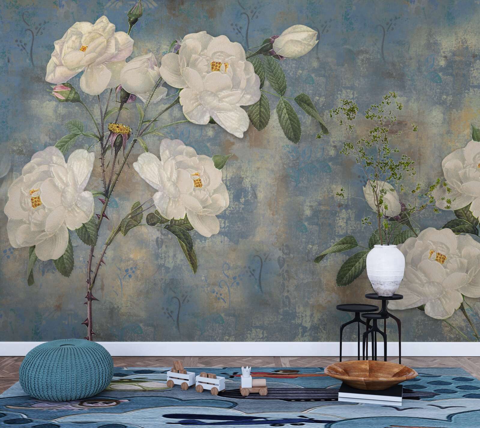 Papier peint roses blanches sur fond bleu