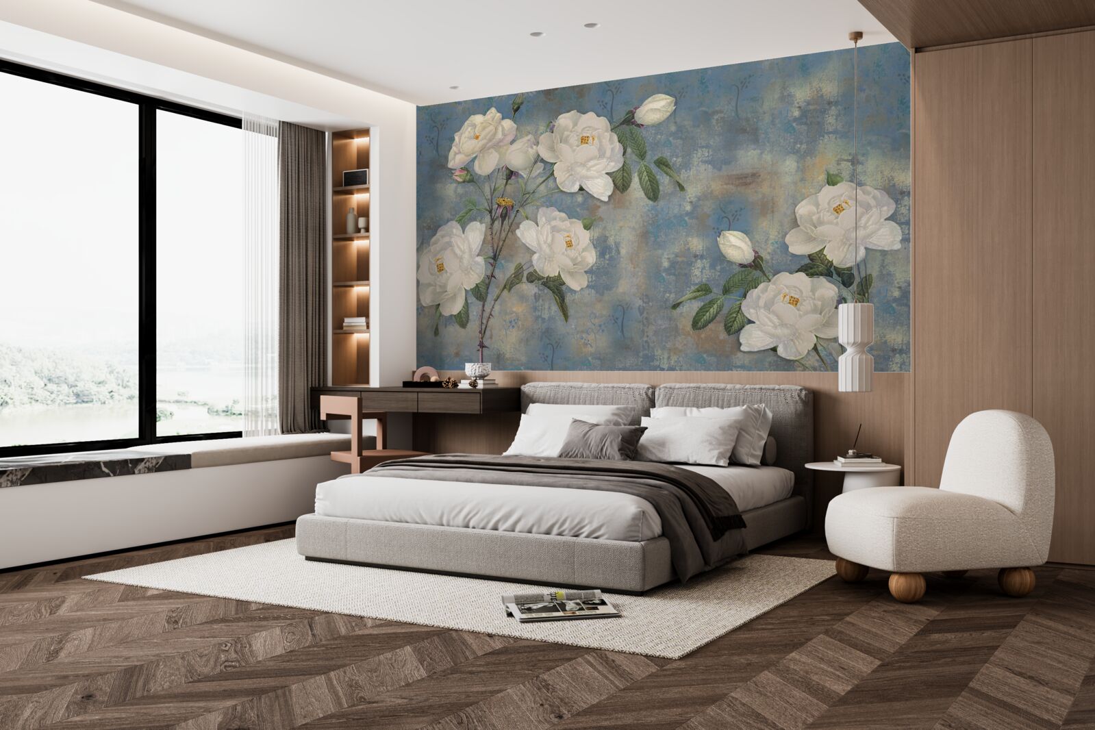 Papier peint roses blanches sur fond bleu