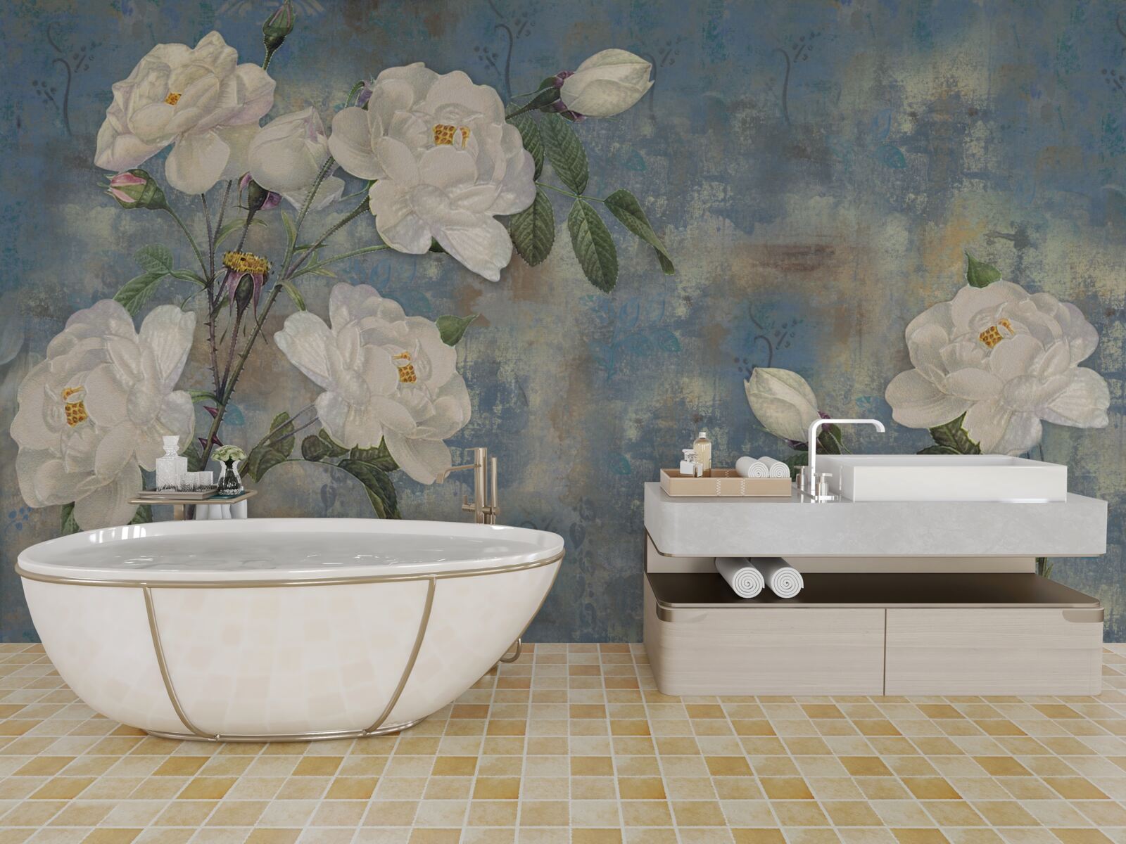 Papier peint roses blanches sur fond bleu