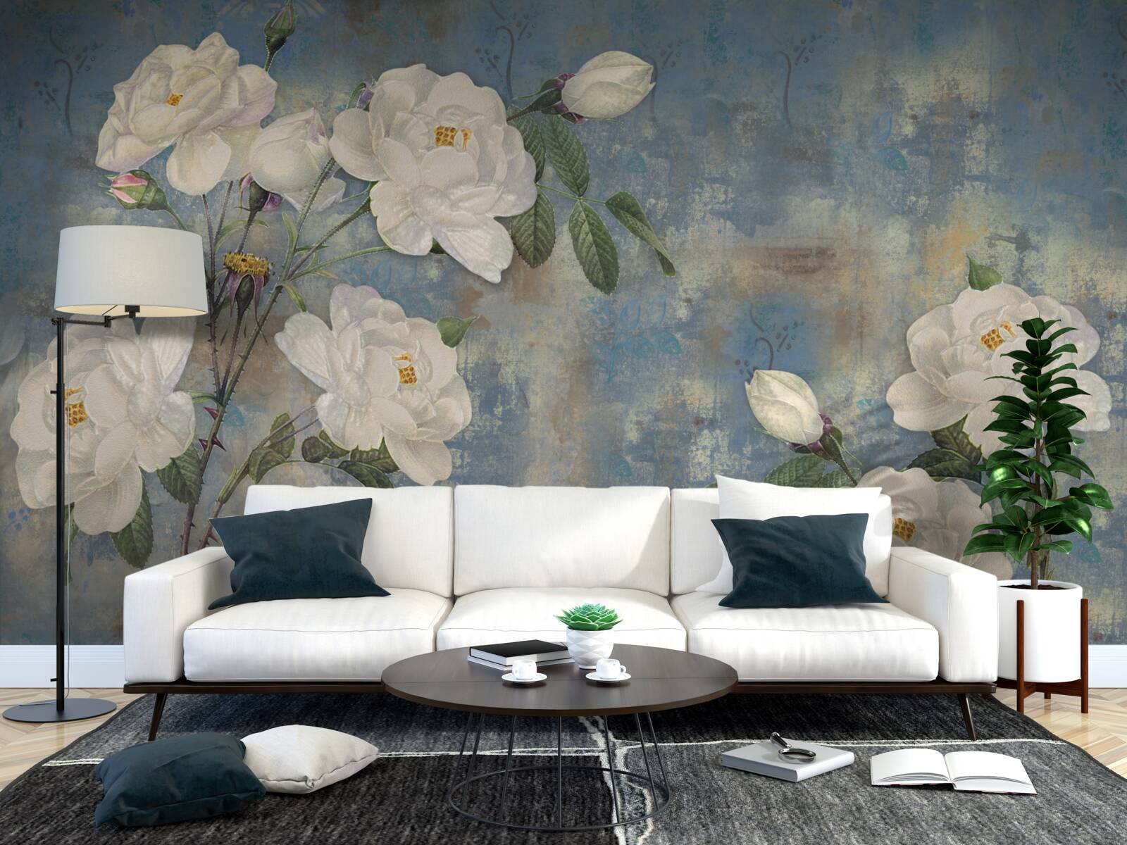 Papier peint roses blanches sur fond bleu