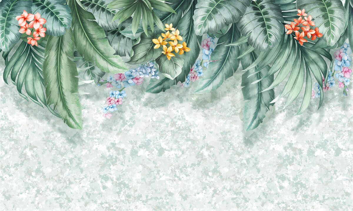 Papier peint feuilles vertes décorées de fleurs