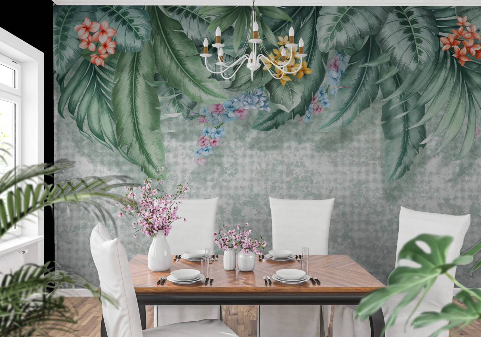 Papier peint feuilles vertes décorées de fleurs