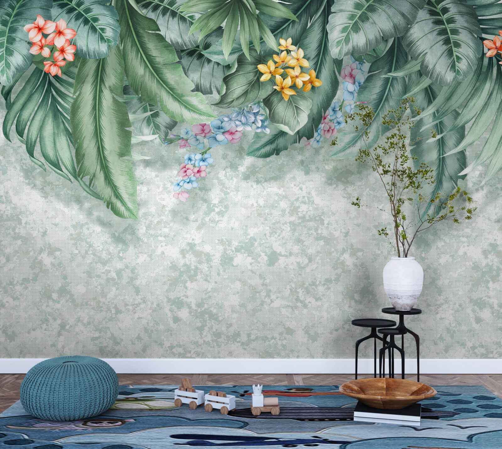 Papier peint feuilles vertes décorées de fleurs