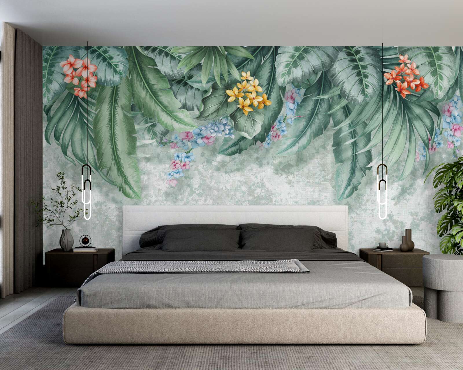 Papier peint feuilles vertes décorées de fleurs