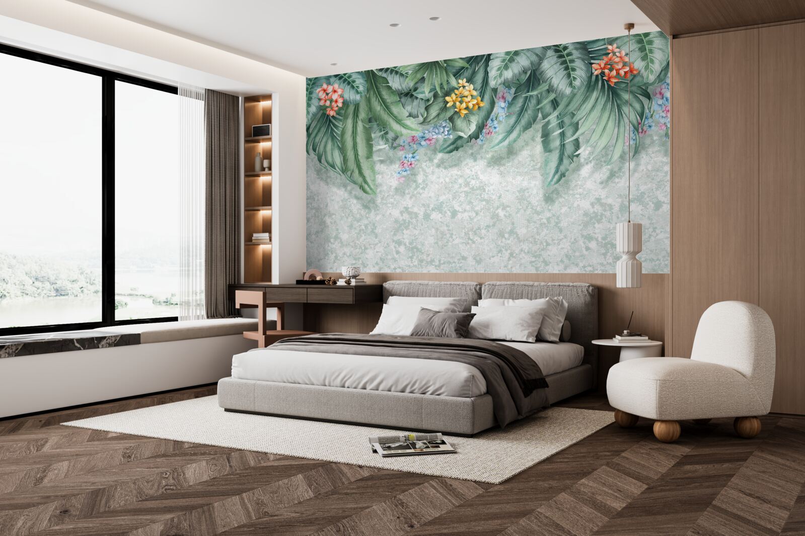 Papier peint feuilles vertes décorées de fleurs