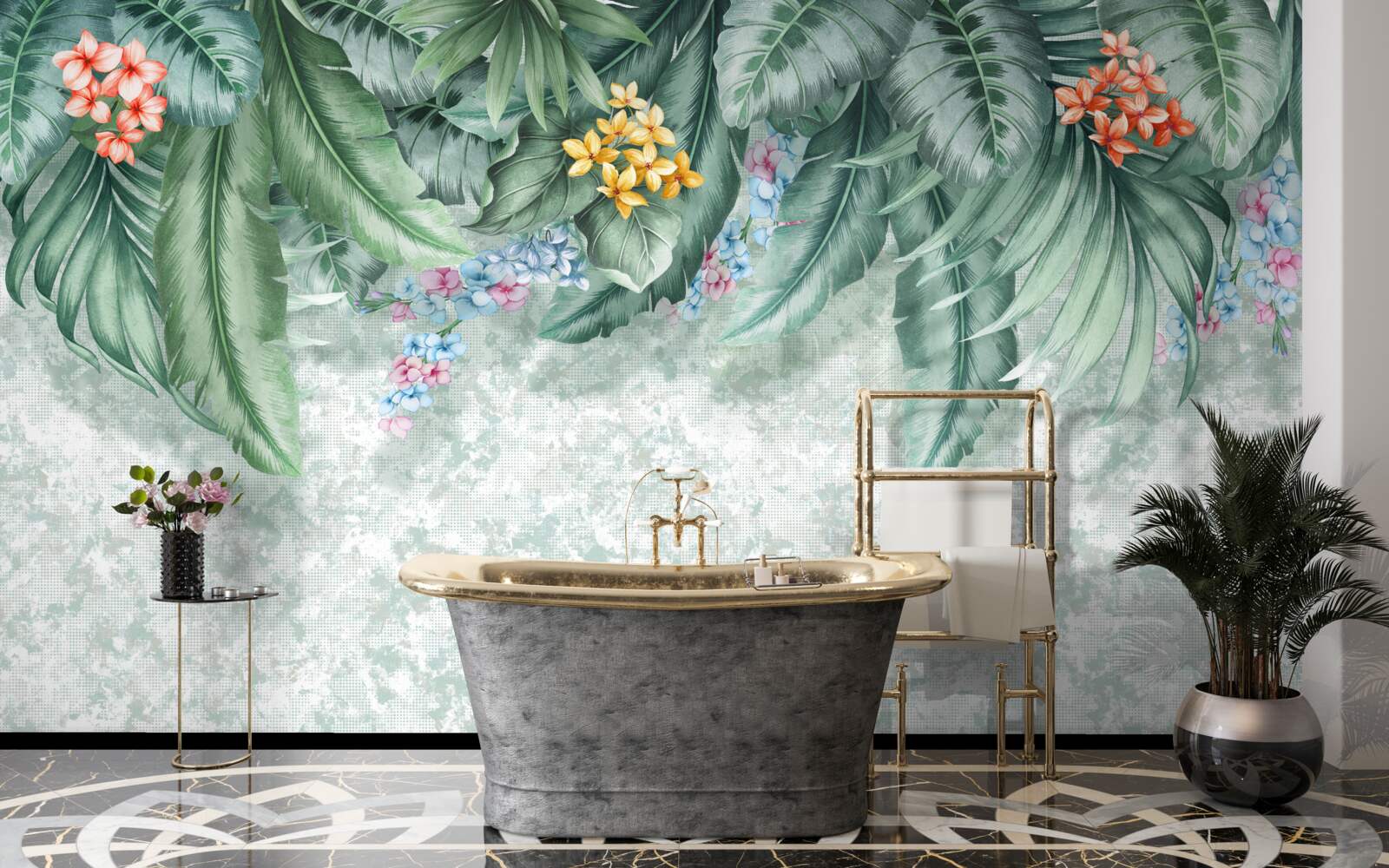 Papier peint feuilles vertes décorées de fleurs