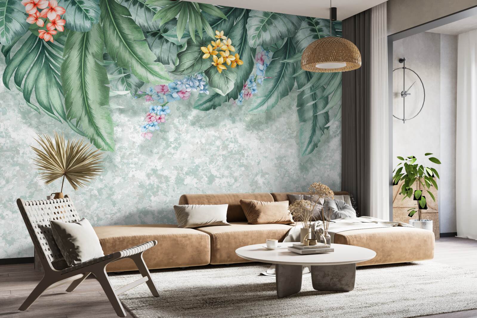 Papier peint feuilles vertes décorées de fleurs