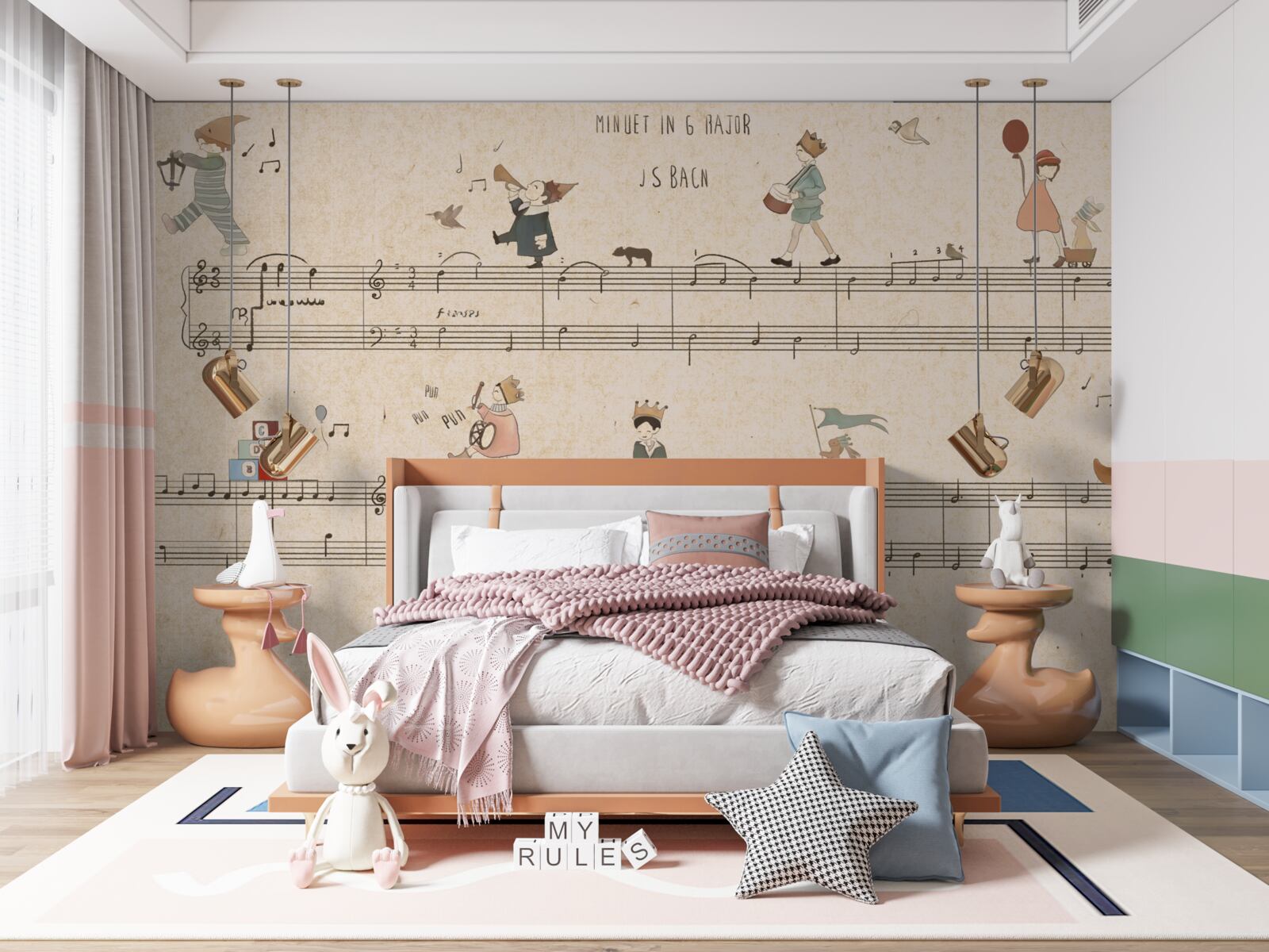 Papier peint les enfants marchent sur les lignes musicales