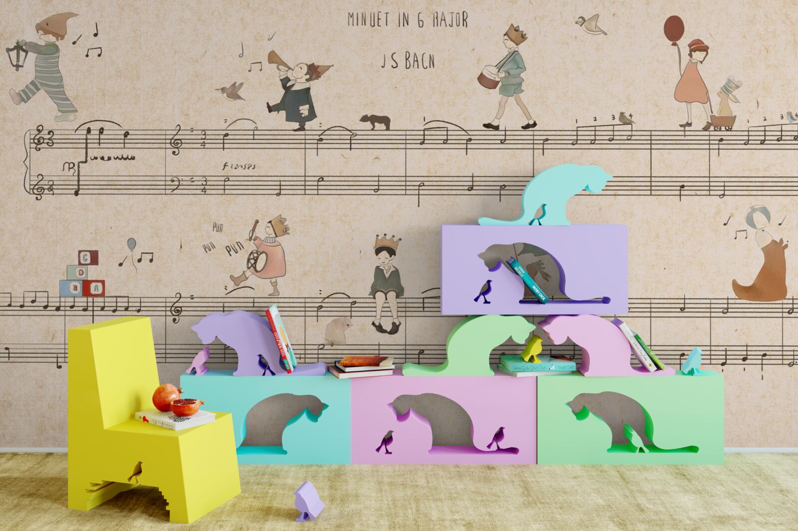 Papier peint les enfants marchent sur les lignes musicales