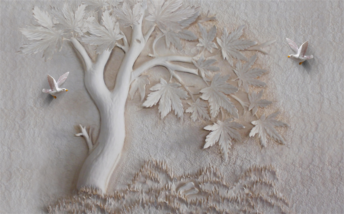 Papier peint arbre et oiseaux en trois dimensions