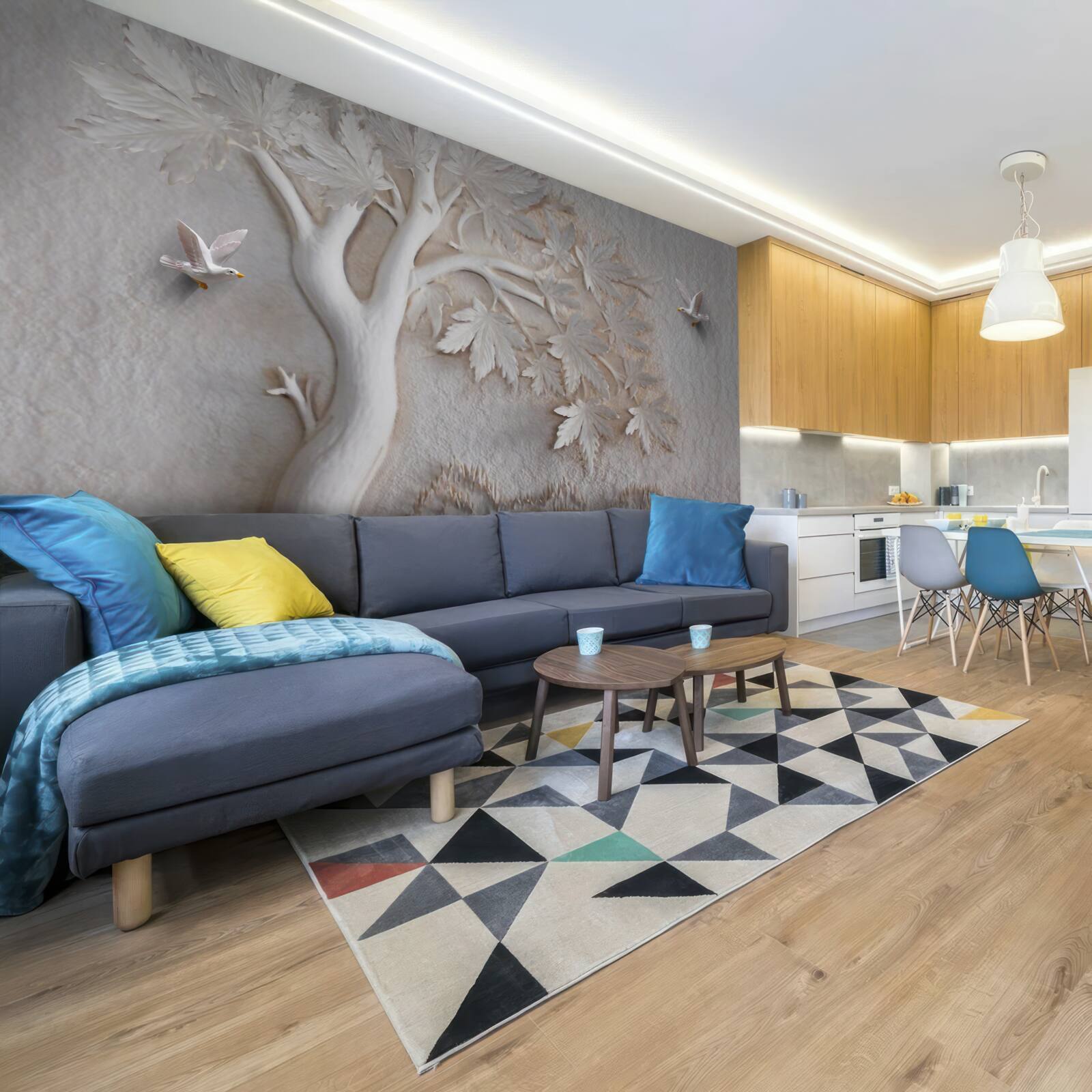 Papier peint arbre et oiseaux en trois dimensions