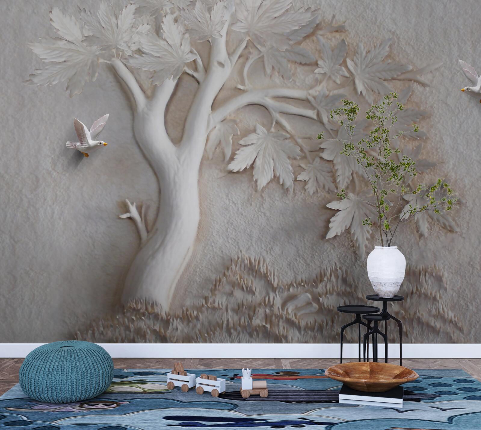 Papier peint arbre et oiseaux en trois dimensions