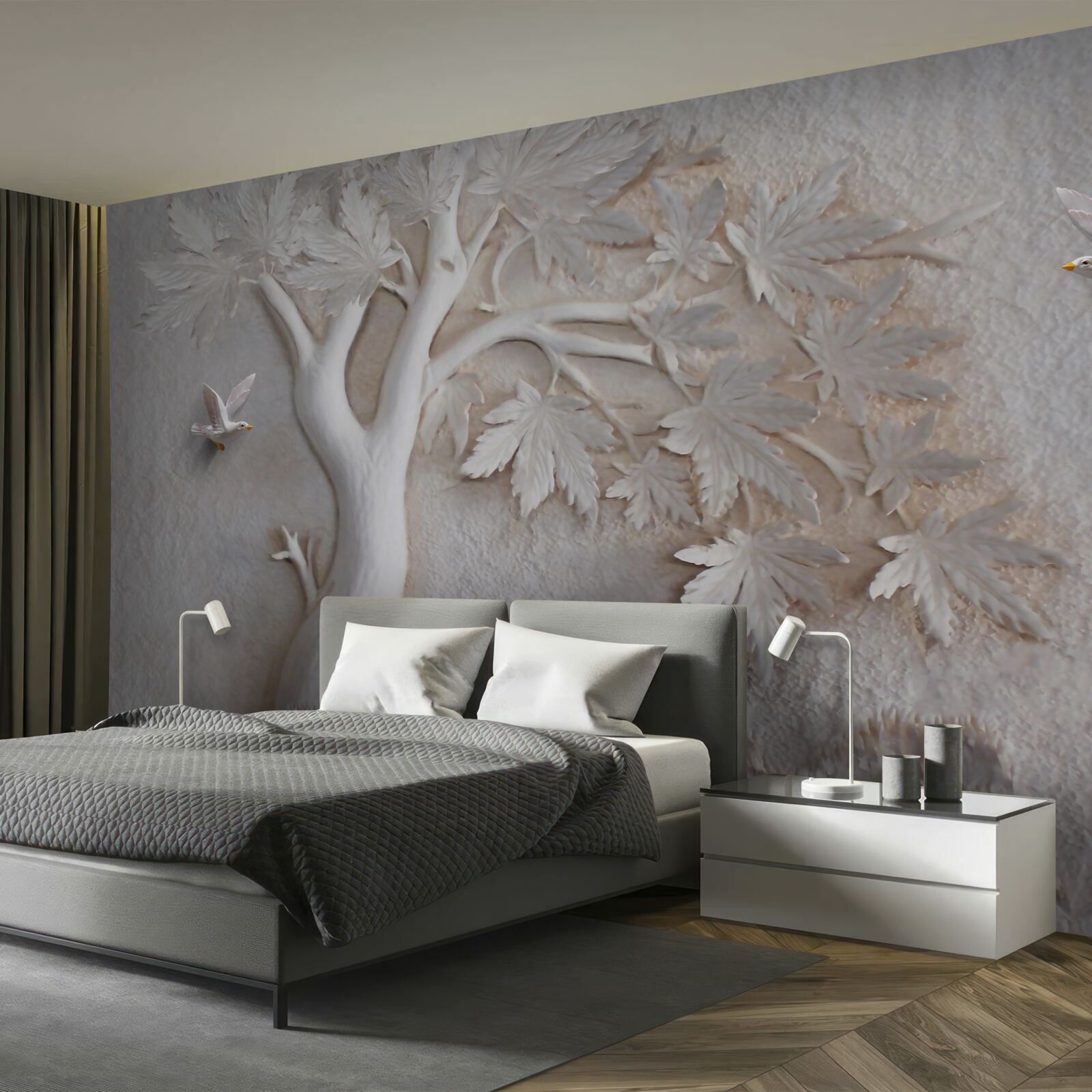 Papier peint arbre et oiseaux en trois dimensions