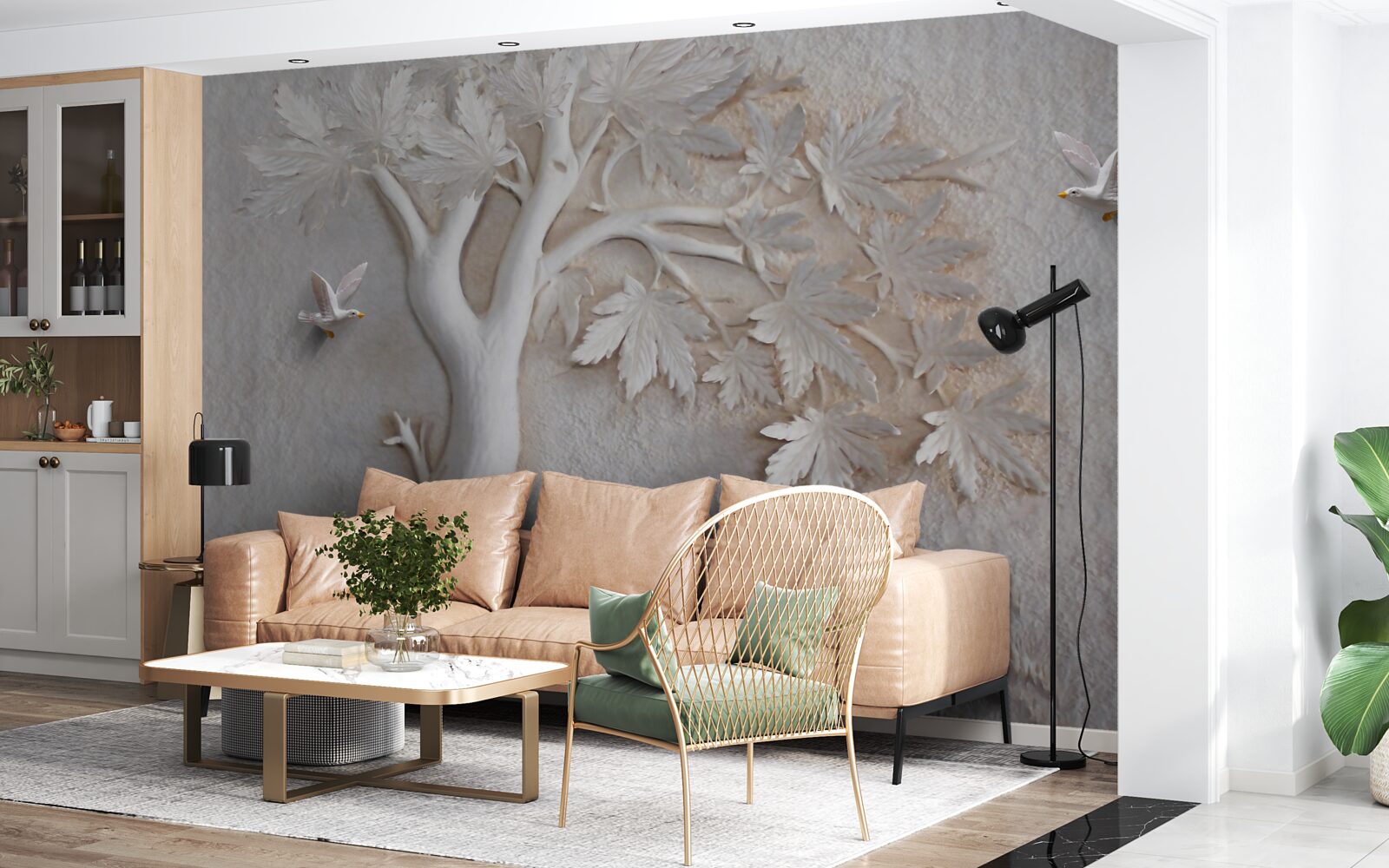 Papier peint arbre et oiseaux en trois dimensions