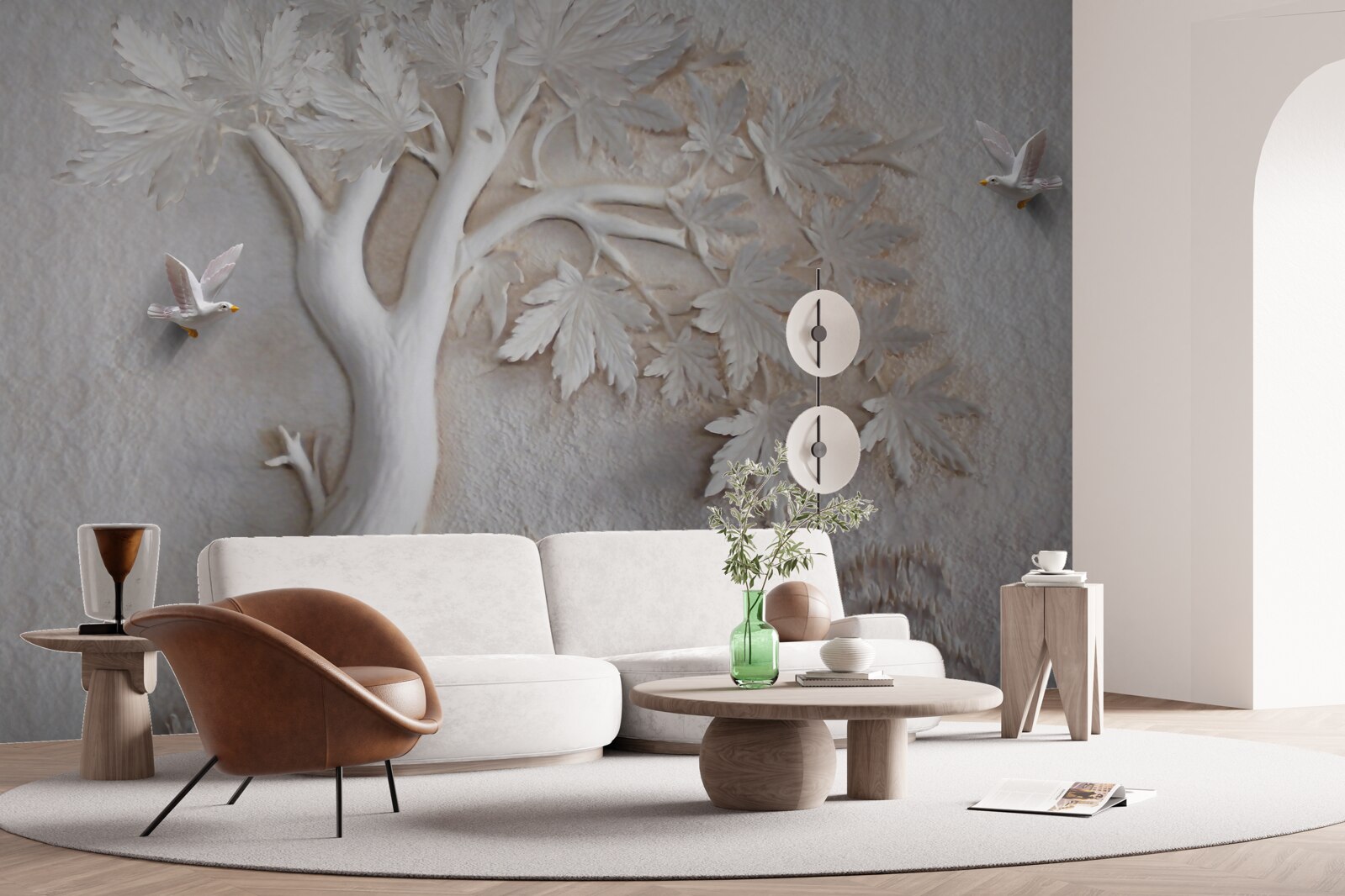 Papier peint arbre et oiseaux en trois dimensions