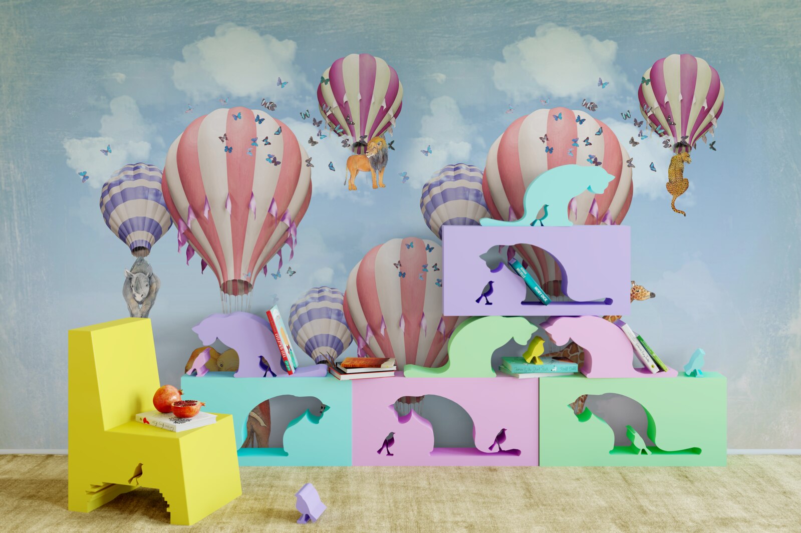 Papier peint les animaux sont attachés aux ballons