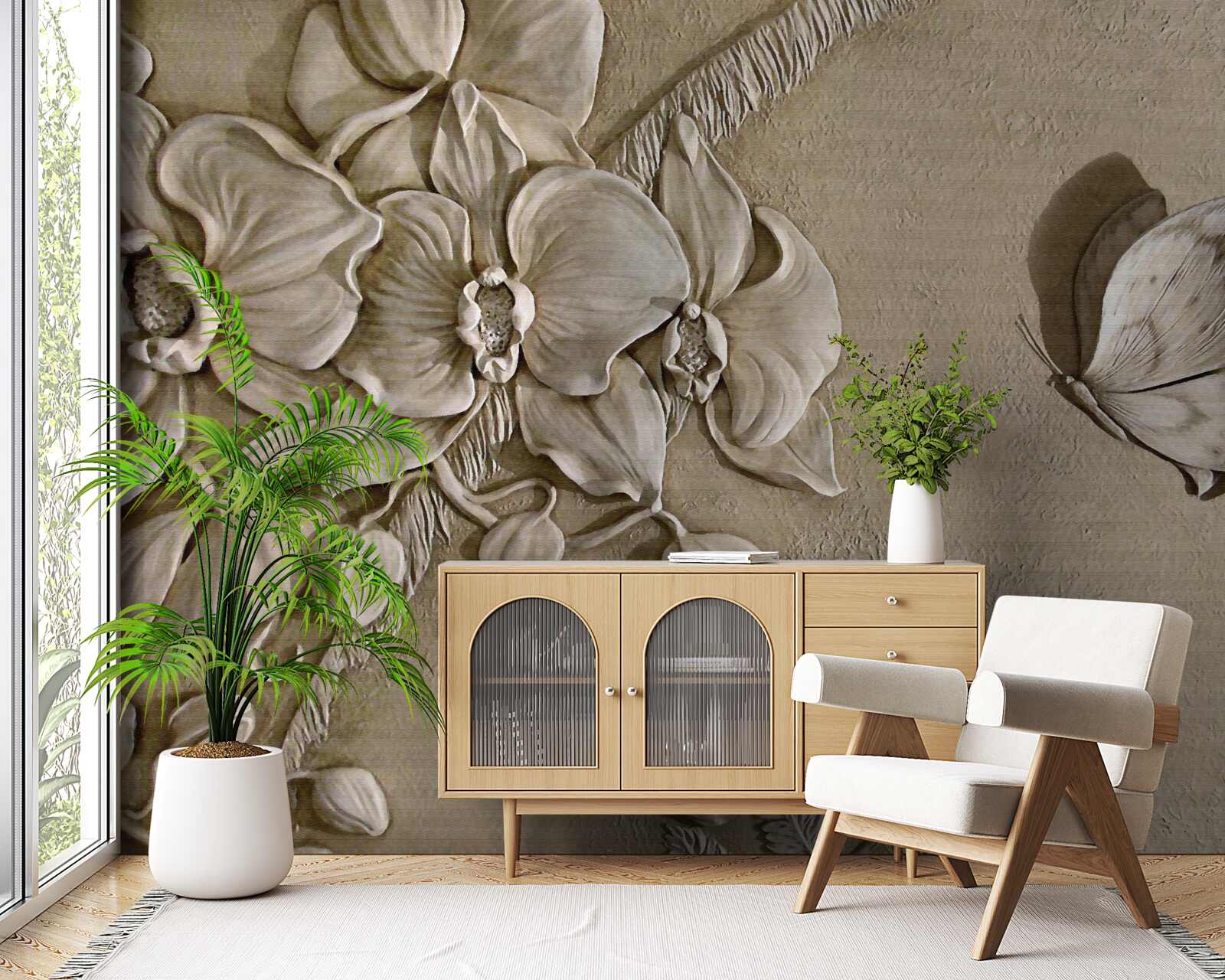 Papier peint fleurs et papillons 3d