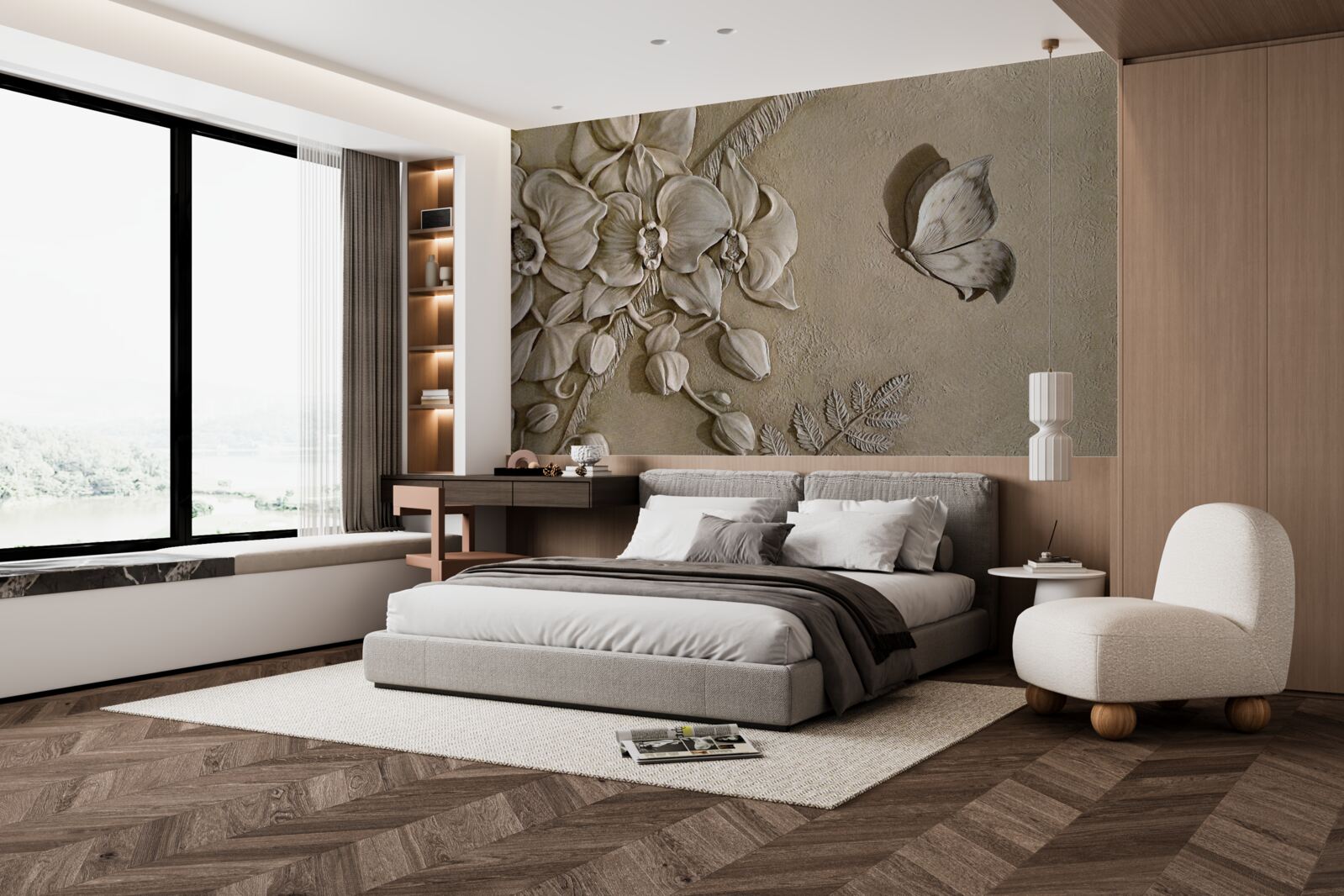 Papier peint fleurs et papillons 3d